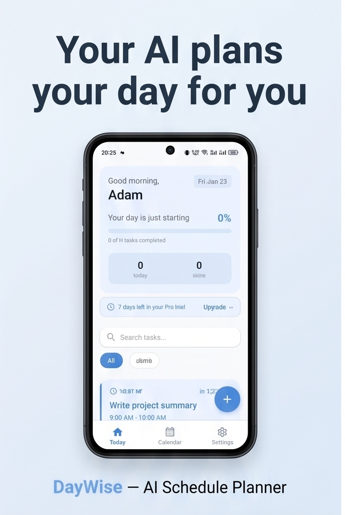 DayWise home screen — AI-planned daily schedule